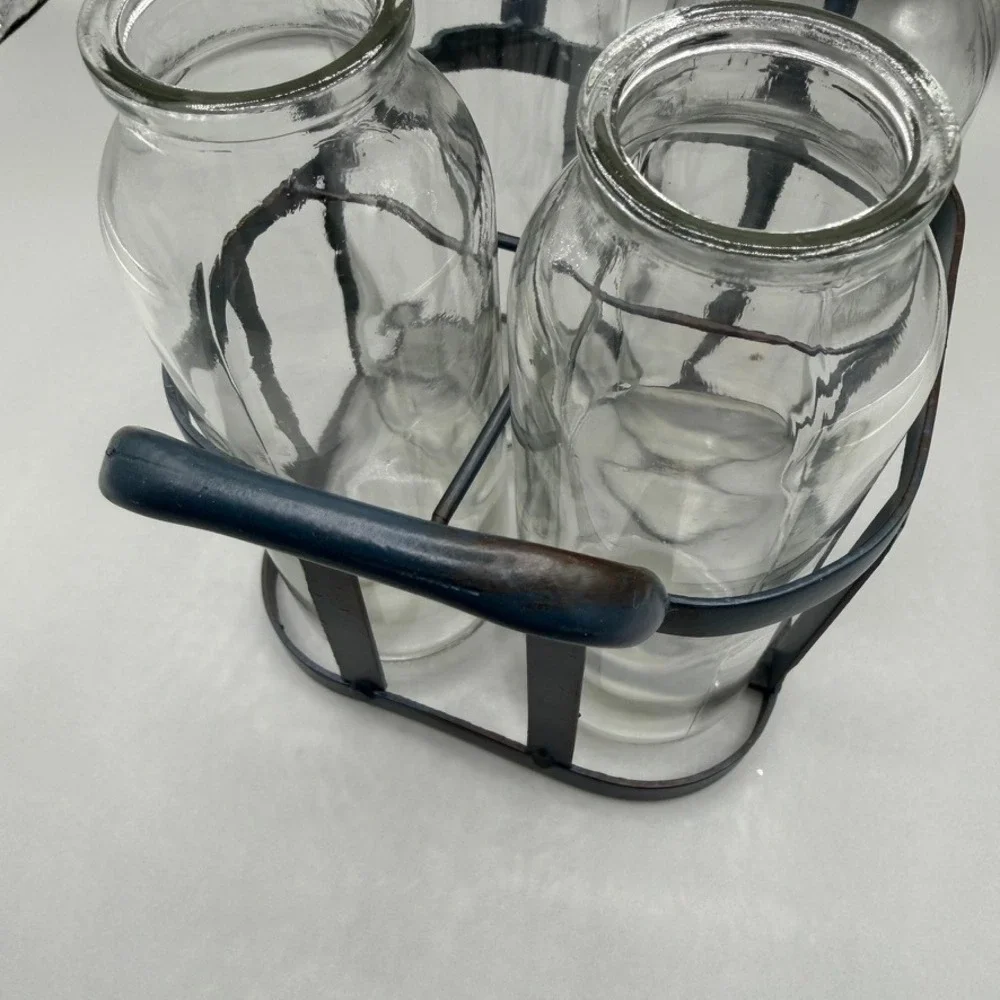Farmhouse Glass Milk Bottle Set with Metal Wire Carrier Caddy 4 Piece Clear